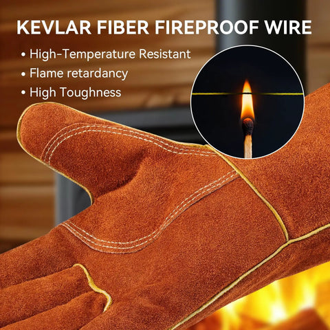 14 Inch 932F Heat Resistant Cowhide Leather Welding Gloves For Grill Pros And Home Cooks with Kevlar stitching detail