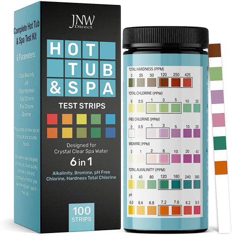 6 In 1 Water Test Strips For Hot Tubs Pools And Spas 100 Quick And Accurate Strips For Chlorine Bromine pH Hardness Alkalinity Budget Friendly Kit With Easy E Book Guide And Maintenance Tips