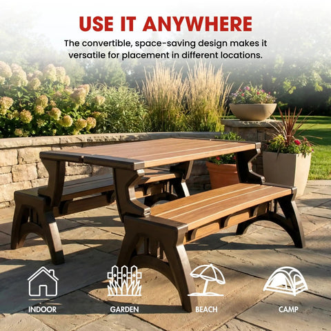 Two In One Outdoor Bench And Picnic Table Foldable And Weatherproof For Patio Lawn Garden Or Deck