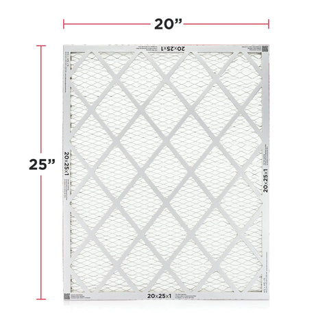 Front view of PureAir MERV 8 allergen pleated electrostatic air filter 20x25x1 inches with dual wire backing, dimensions highlighted.