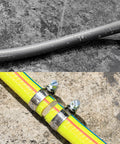 Solid Brass Garden Hose Repair Connector Kit With Half Inch Barb Fittings Dual Head Hose Repair Couplers Includes Stainless Steel Clamps Reusable 2 Pack For Lawn And Yard Watering Easy DIY Fix showing a leaky hose before repair and a fixed hose with clamps