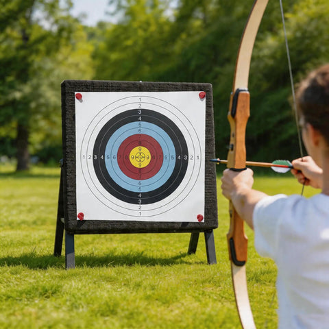 Archer aiming at target secured with 16 Pack Archery Target Pins For Holding Target Faces And Paper On EVA Foam Targets outdoors.