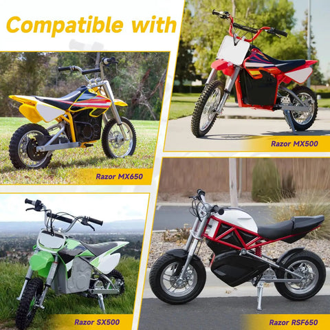Image showing dirt bikes Razor MX650, MX500, SX500, and RSF650, compatible with Heavy Duty 132 Link 25H Drive Chain for Razor MX Series.