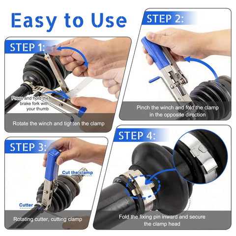 CV Joint Boot Clamp Pliers With Ratchet Adjust For Cars UTV ATV Repair shown in 4-step CV boot clamp installation and removal.