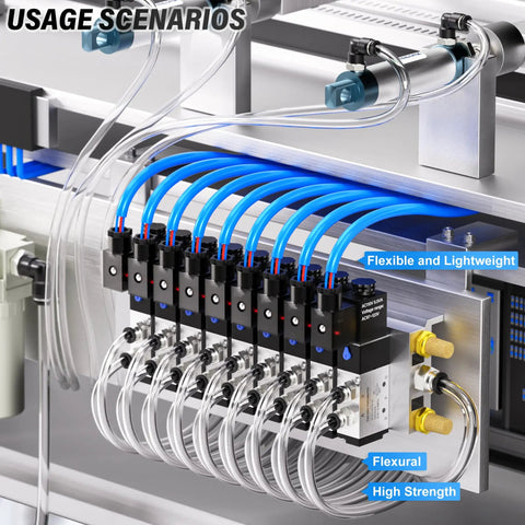 Clear 6mm OD 4mm ID Polyurethane PU Air Hose Tube Kit installed in pneumatic system, showing blue and clear lines for auto shop and DIY use.
