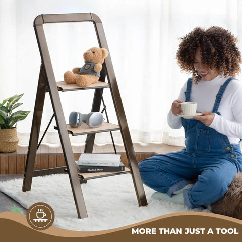 3 Step Folding Aluminum Ladder For Home Use 450 Pound Capacity Lightweight Yet Ridiculously Sturdy Open And Store With Ease Perfect For Indoor Or Outdoor Jobs Sturdy Metal Frame With Non Slip Feet, 3-step aluminum ladder in living room