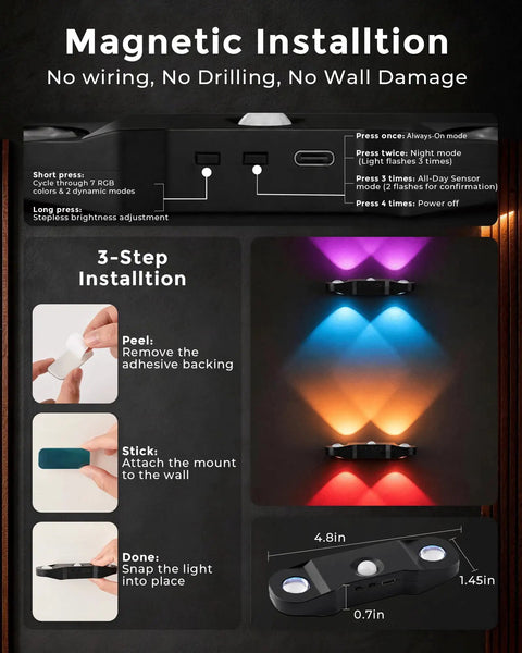 Installation guide for Rechargeable Motion Sensor Light Indoor, Magnetic RGB Wall Sconces 4 Pack with dimensions and setup steps.