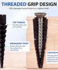 45 Piece Wood Anchor Repair Kit for Stripped Screw Holes Black Finish with Top Threaded Design for Tight Grip on Loose Hinges Cabinets Drawers Shelves and Furniture Includes Extra Pieces for Future DIY Fixes Pro Grade Confidence. Black ABS wood anchor with threaded grip in wood