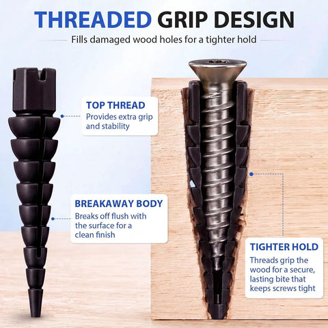 45 Piece Wood Anchor Repair Kit for Stripped Screw Holes Black Finish with Top Threaded Design for Tight Grip on Loose Hinges Cabinets Drawers Shelves and Furniture Includes Extra Pieces for Future DIY Fixes Pro Grade Confidence. Black ABS wood anchor with threaded grip in wood