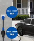 Beefy Heavy Duty NEMA 10-30P to NEMA 14-50R EV Charger Adapter With Handle, 12 Inch STW Cord shown charging an electric car