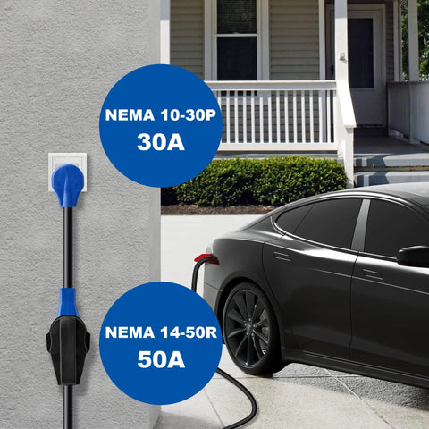 Beefy Heavy Duty NEMA 10-30P to NEMA 14-50R EV Charger Adapter With Handle, 12 Inch STW Cord shown charging an electric car