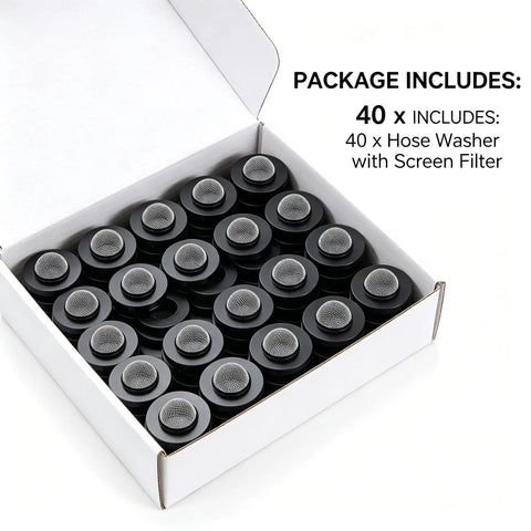 Top Tier 40 Pack Hose Washers With Screen Filter For 1 Inch Garden Hoses And Washing Machine, box of black mesh washers