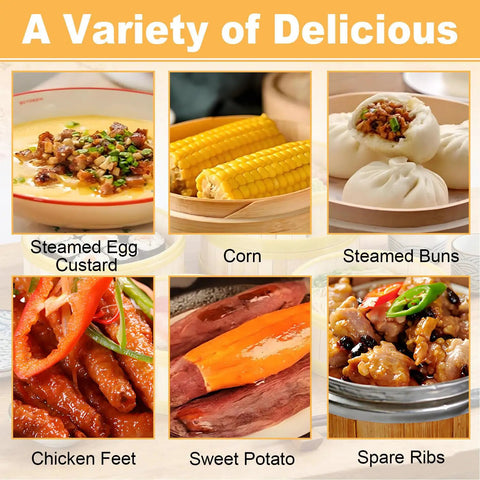 Various dishes including steamed egg custard, corn, steamed buns, chicken feet, sweet potato, and spare ribs served on plates.