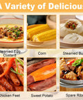 A variety of dishes including steamed egg custard, corn, steamed buns, chicken feet, sweet potato, spare ribs showcased.