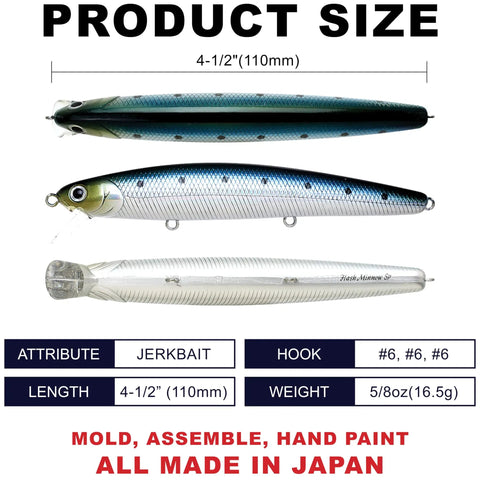 FlashMinnow 110 Ghost Series Saltwater Jerkbait for Halibut and Bass, Slow Suspending Lure, Metallic Sardine, 4-1/2 inch size