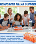 Group discussing around Six Pack 28 Well Test Tube Rack Set For 10 mL 15 mL And 50 mL Tubes with orange stand on table