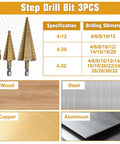 Step drill bit set showcasing three pieces, including sizes 4-12, 4-20, 4-32, ideal for various materials in woodworking.