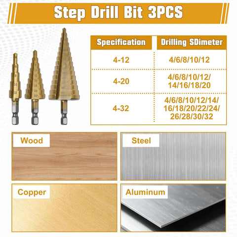Step drill bit set showcasing three pieces, including sizes 4-12, 4-20, 4-32, ideal for various materials in woodworking.