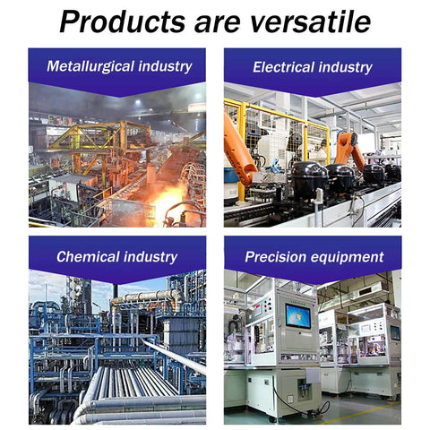 Collage showing versatile uses of products in metallurgical, electrical, chemical, and precision equipment industries.