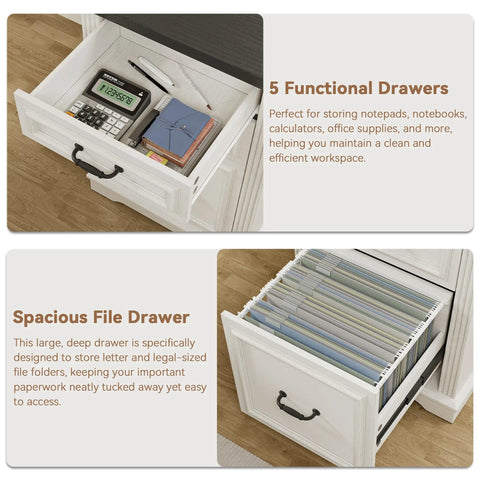 Close-up of two open drawers showing organized storage in L Shaped Executive Desk With Four Drawers And Charging Station, Wood Corner Home Office Computer Desk With File Cabinet Storage, Hidden Under Desk Shelf And Headphone Hook In Black White Finish For A Boss Level Workspace.
