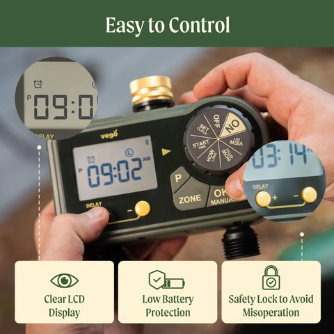 Close-up of a Two Zone Sprinkler Timer With Brass Inlet for Dual Channel Garden Hose Irrigation showing LCD display and controls