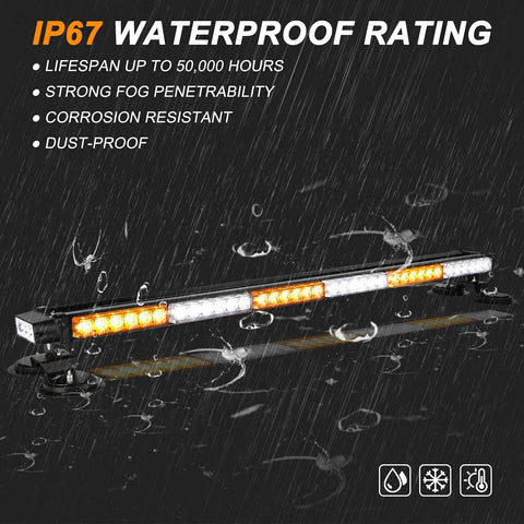 38.5 Inch 78 LED Emergency Strobe Light Bar Double Side Flashing with Magnetic Base for Construction Vehicles Tow Trucks and Pickups Amber and White High Intensity Safety Warning in rain showing waterproof feature
