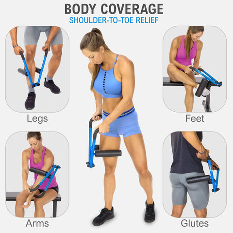 Individuals using Roller Therapy Kit With Lever Action Pressure Control And Quick Change Rollers For Deep Muscle Relief on legs and arms.