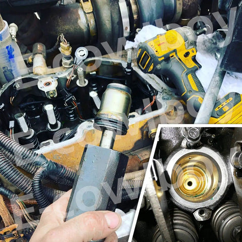 Pro Grade Injector Sleeve Cup Remover and Installer Kit for Caterpillar CAT Engines 3406E in use on engine block