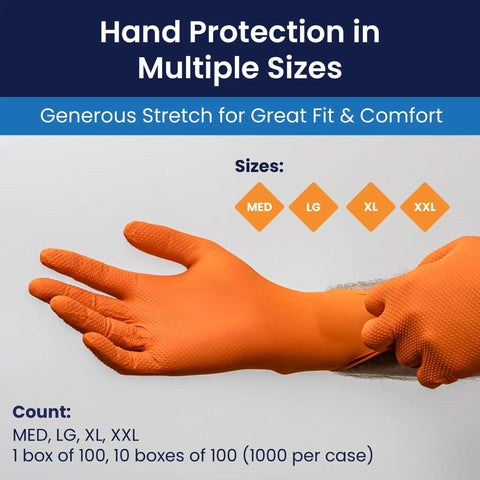 ProWorks Catch Disposable Nitrile Gloves 9 Mil Heavy Duty Work Gloves With Raised Pyramid Grip And Textured Palm For Superior Grip Latex Free Powder Free Pack Of 100 Medium Orange