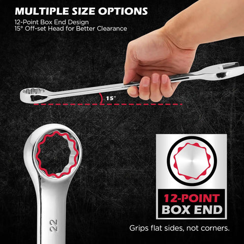 15 piece metric combination wrench set 8mm to 22mm chrome vanadium steel showing 12-point box end and 15-degree offset design.