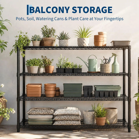 Heavy Duty Four Tier Wire Shelving Rack For Garage And Home Office Hella Sturdy Metal Storage Shelf with potted plants and gardening supplies