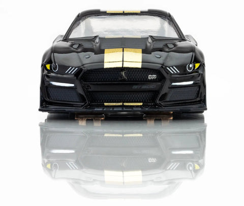 Front view of Ford Shelby Mustang GT500H Mega G Plus HO Slot Car Black And Gold King Of The Road Edition