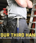 Man wearing Magnetic Tool And Hardware Holder Clip On Belt Holster for hands free tool access with hammer attached