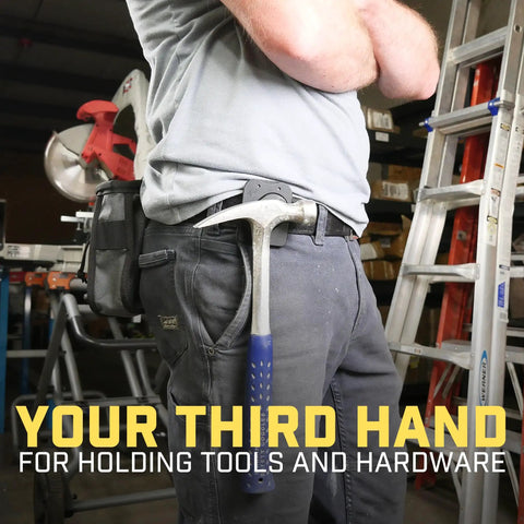 Man wearing Magnetic Tool And Hardware Holder Clip On Belt Holster for hands free tool access with hammer attached