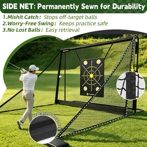 Golfer using Heavy Duty Golf Hitting Net With Side Barriers For Real Balls Driving Practice Indoor Outdoor Ball Return System
