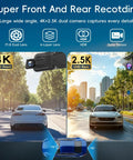 All In One Mirror Dash Cam For Car With Crisp 4K Front And 2.5K Rear IMX335, dual camera view on city street, sunny day