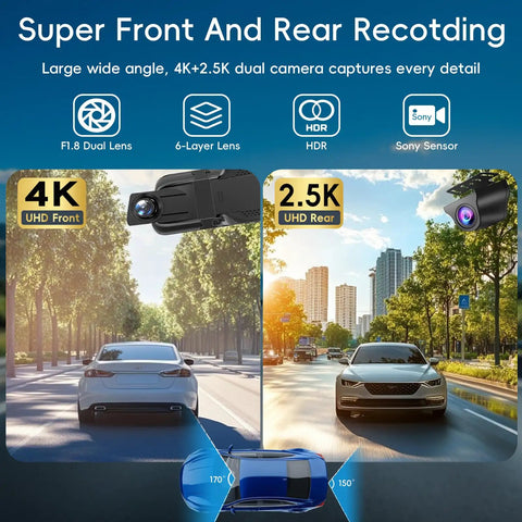 All In One Mirror Dash Cam For Car With Crisp 4K Front And 2.5K Rear IMX335, dual camera view on city street, sunny day