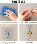 Heavy Duty Self Adhesive Wall Hooks Set 36 Pack With Upgraded Thick Clear Design 44lb Max Load Per Hook usage steps.