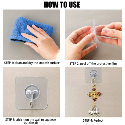 Heavy Duty Self Adhesive Wall Hooks Set 36 Pack With Upgraded Thick Clear Design 44lb Max Load Per Hook usage steps.