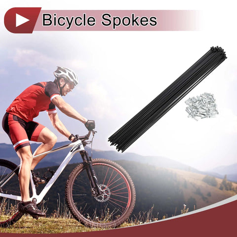 Cyclist on MTB with 38 Pack 14G Bicycle Spokes 269mm Black Carbon Steel Set for Wheel Build and Repair, Beefy 2mm Diameter.