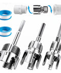 Tepvoker Pvc Pipe Threader Kit With Internal And External Threading Dies For 1/2 Inch 3/4 And 1 Inch Npt Plumbing Projects image showing threading dies for various sizes.