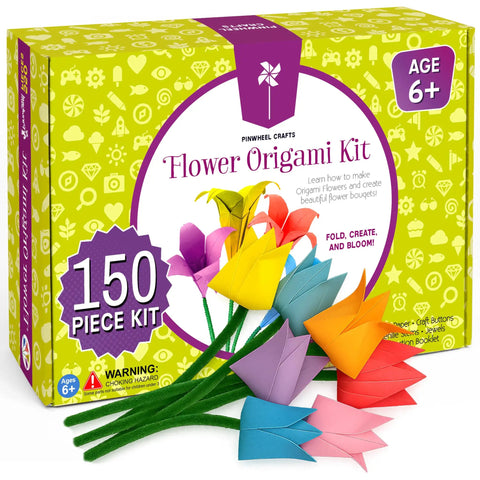 Origami Paper Craft Kit For Kids Ages 6 To 12 With 100 Colored Sheets, 20 Bendable Stems, 30 Buttons And Jewels, Easy Origami Book