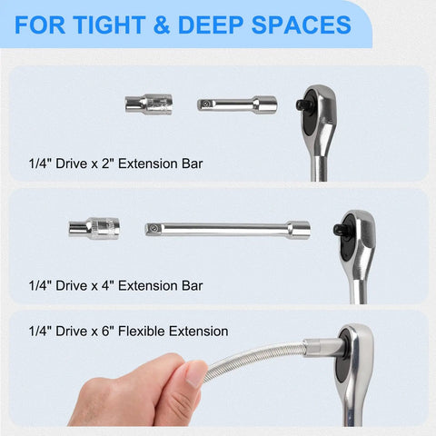 46 Piece One Quarter Inch Ratchet Socket Set With Metric Sockets showing extension bars and ratchet for deep spaces