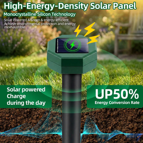 Eight Pack Solar Powered Ultrasonic Pest Deterrents For Lawn Yard Garden with IP65 Waterproof Outdoor Stakes and Solar Panel