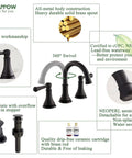 Infographic showing Matte Black Eight Inch Widespread Bathroom Sink Faucet With Three Holes And Pop Up Drain Two Handle Modern Vanity Lavatory Faucet With Brass 360 Degree Swivel Spout And Lead Free Ceramic Cartridge For Slick Leak Free Performance with features like 360-degree swivel spout, premium workmanship, and drip-free ceramic cartridge.