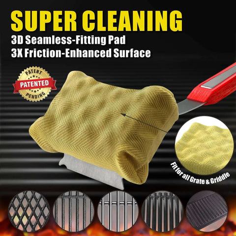 3D seamless-fitting pad with the No Bristle Grill Brush With Replaceable Cleaning Head, red handle visible
