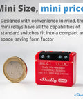 One Channel WiFi Smart Switch Relay With Power Measurement Gen3 Mini 8A 240V, red device with euro coin for size comparison.