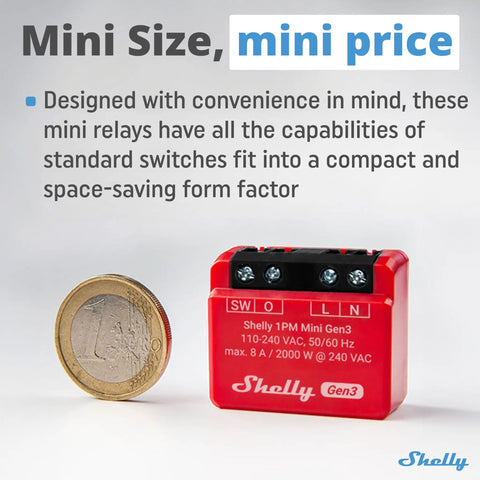 One Channel WiFi Smart Switch Relay With Power Measurement Gen3 Mini 8A 240V, red device with euro coin for size comparison.