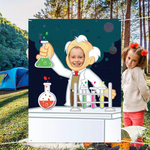 Science Party Banner For Pretend Play Let Kids Channel Their Inner Mad Scientist Backdrop Decor Chemistry Theme For School Classroom Lab Birthday Party Supplies with child posing as a scientist.