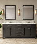 Modern bathroom with dark cabinet and five pack gold acrylic drawer pulls with brushed brass base, sleek design visible